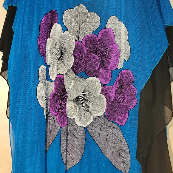 Michael X Blue Black Floral Sheer Knit Layered Swimsuit Coverup Women Size L - Picture 10 of 10